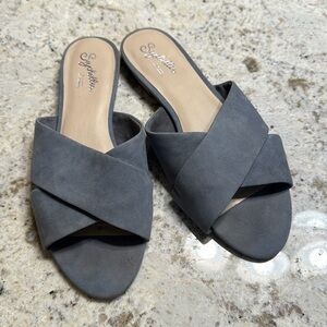 Saychelles suede sandal, dusty, blue, sz 7.5